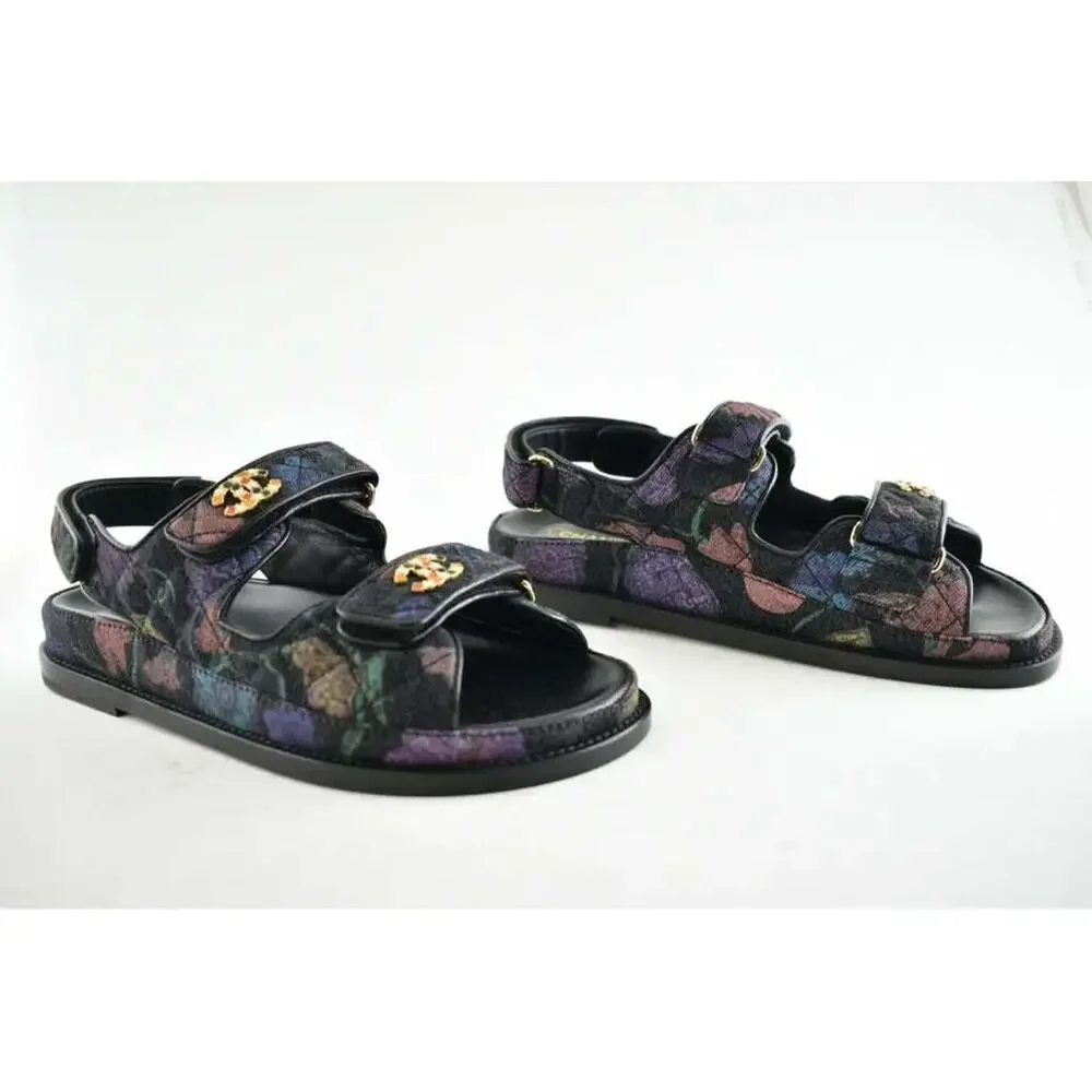 Chanel 21A Black Denim Graffiti CC Logo Mule Slide Strap Flat Teva Dad Sandal 39 - Picture 3 of 11
